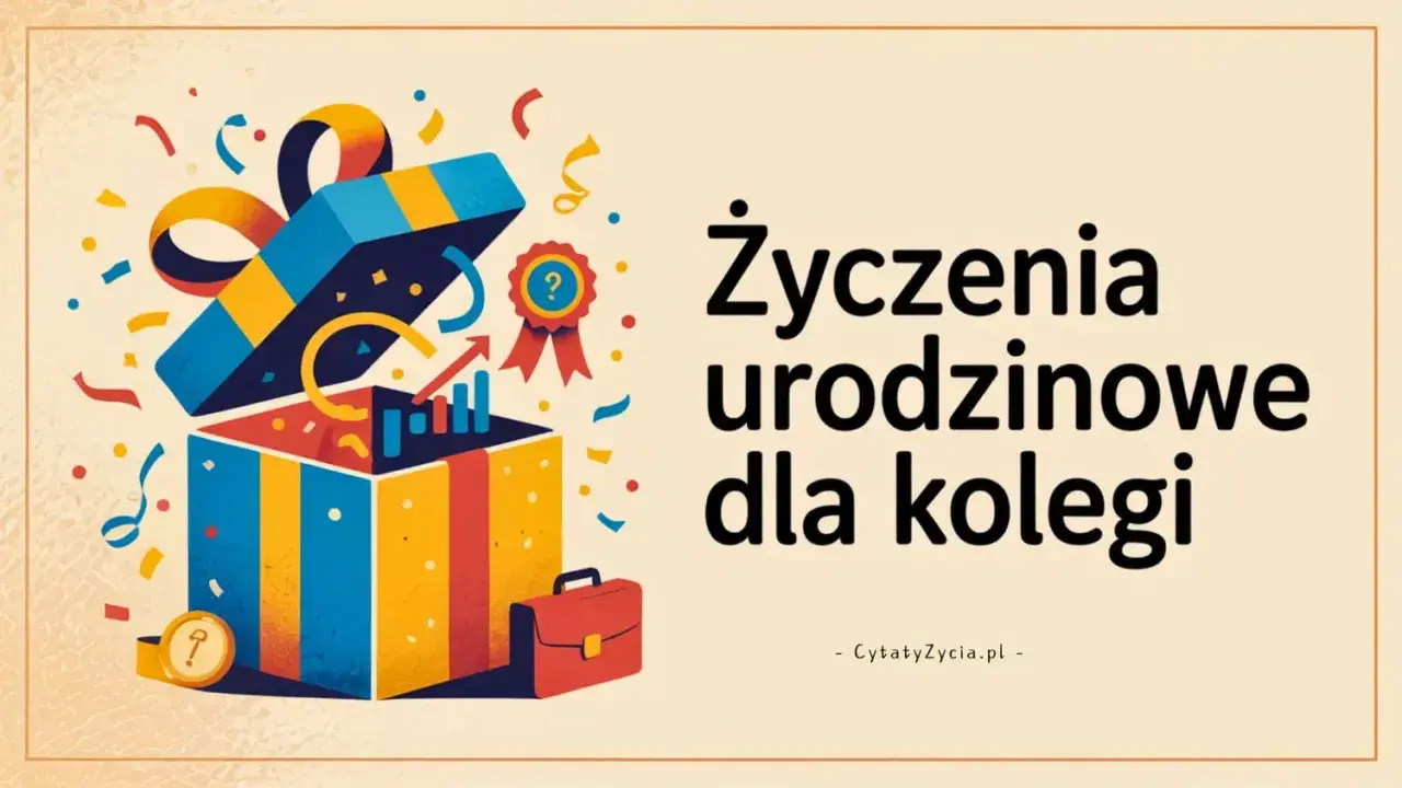 Otwarty prezent z konfetti, wykresami i dyplomem. Idealne wierszyki z życzeniami dla kolegi na urodziny.