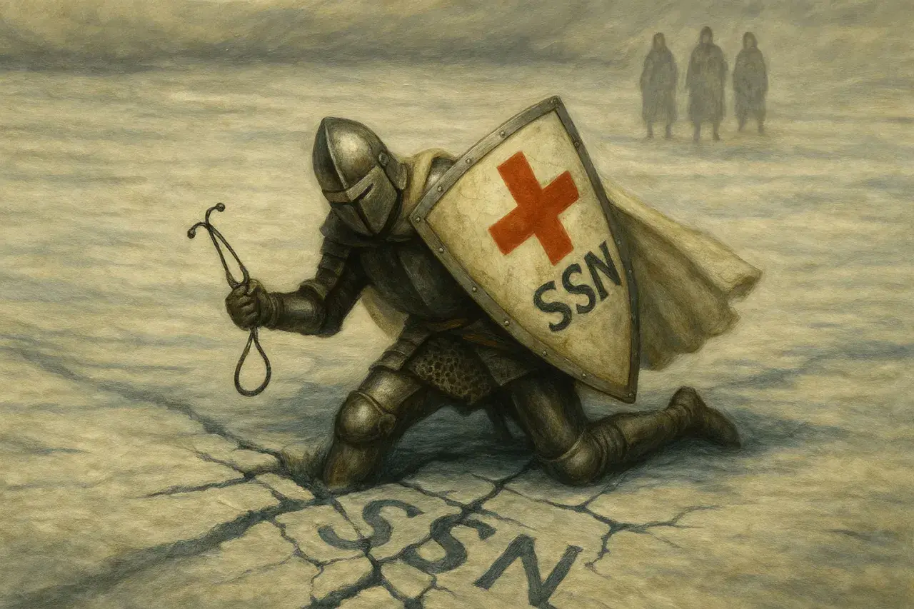 Cavaliere in armatura con scudo SSN e stetoscopio, simbolo della medicina difensiva. Tre figure sfocate sullo sfondo.
