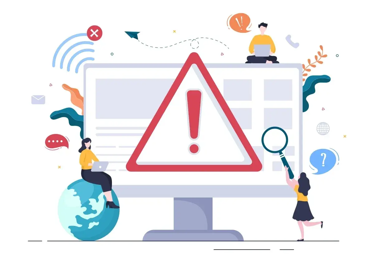 Un grand panneau d'avertissement avec un point d'exclamation rouge domine l'écran d'un ordinateur. Des personnes travaillent sur des ordinateurs, entourées d'icônes de communication et de symboles, suggérant des problèmes techniques ou des caractères s...