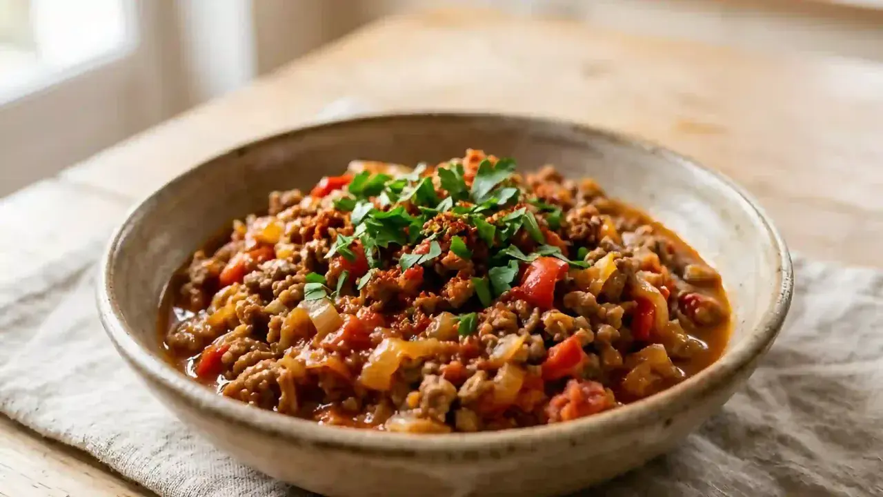 Un bol rustique de axoa de veau, garni de persil frais. Un plat réconfortant et savoureux.