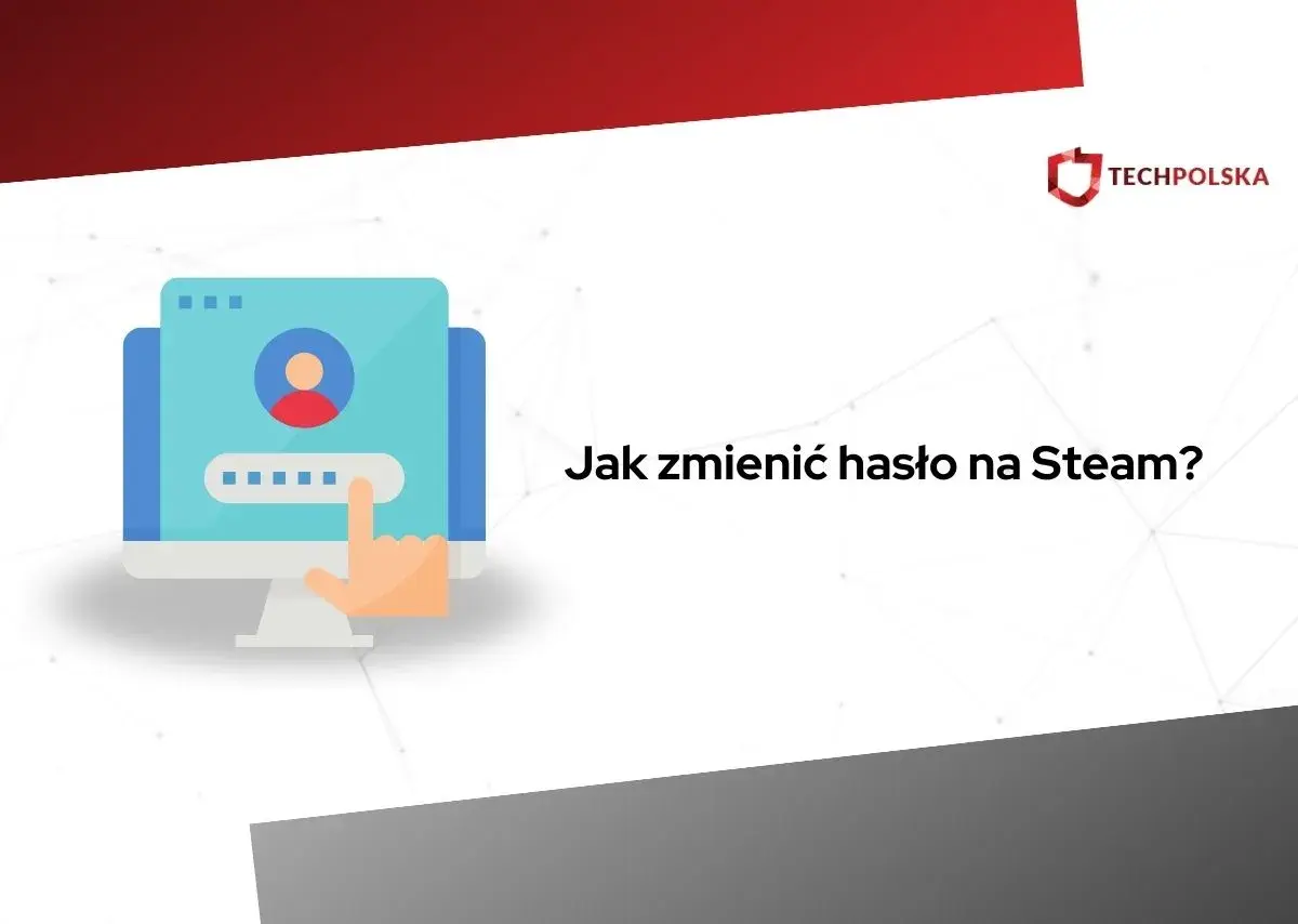 Grafika przedstawia ekran logowania na komputerze z ikoną użytkownika i polem hasła. Tekst "Jak zmienić hasło na Steam?" sugeruje poradnik.