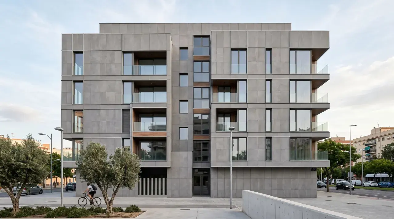 Edificio moderno con revestimiento fachada ventilada de piedra gris, balcones acristalados y detalles en madera. Un ciclista pasa frente a los olivos.