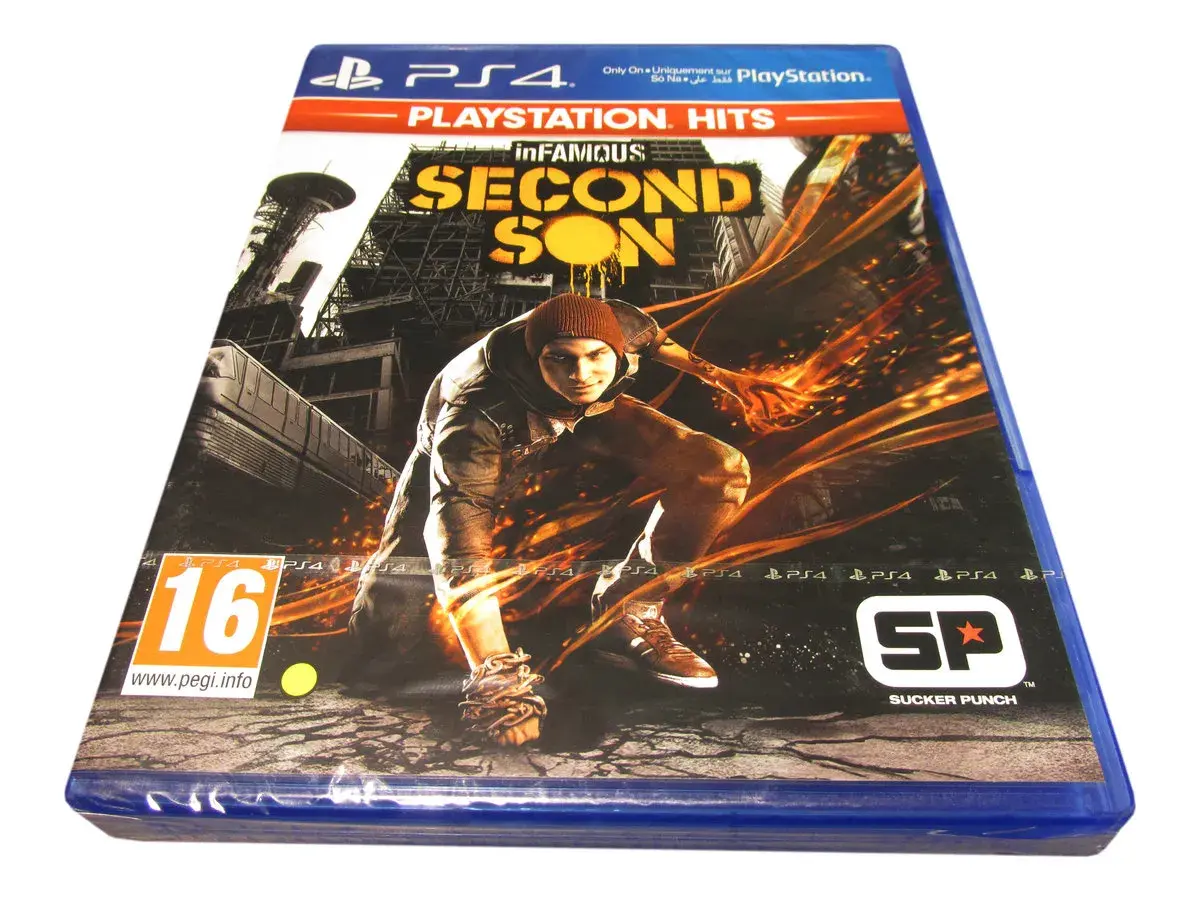 Okładka gry PlayStation 4 "inFAMOUS Second Son" z postacią Delsina Rowem, otoczoną płomieniami.