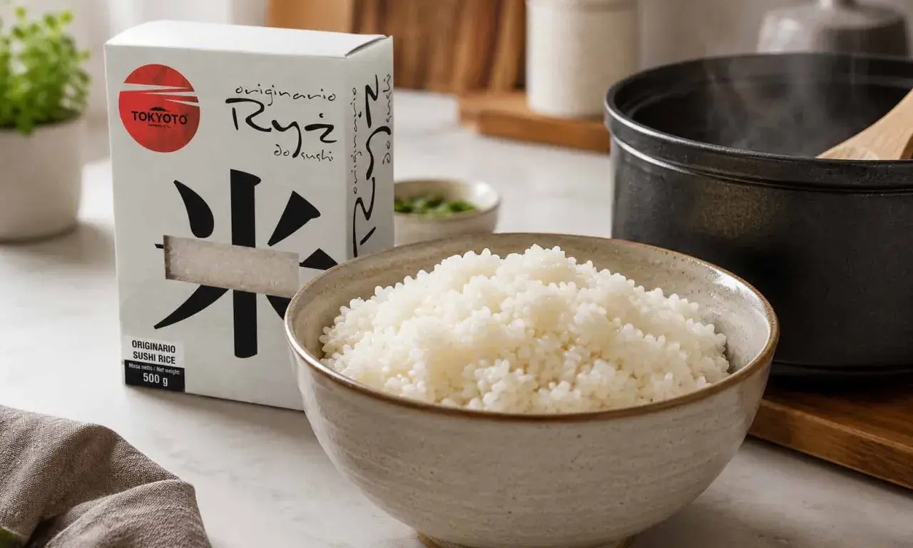 Gotowy ryż do sushi w misce, obok opakowanie ryżu i garnek. Idealny sposób, jak ugotować ryż do sushi.