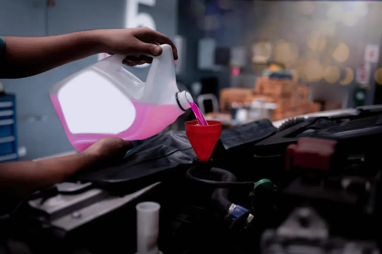 Mano versa liquido di raffreddamento rosa in un imbuto rosso, pronto a controllare il livello nel motore dell'auto.