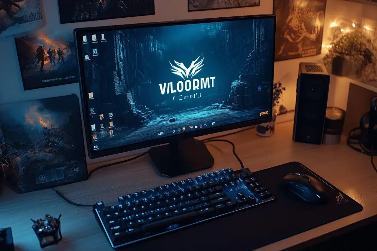 Bureau de jeu avec écran affichant le logo "VILOORMT" et un fond d'écran sombre. Clavier rétroéclairé bleu, souris et décorations thématiques Valorant.