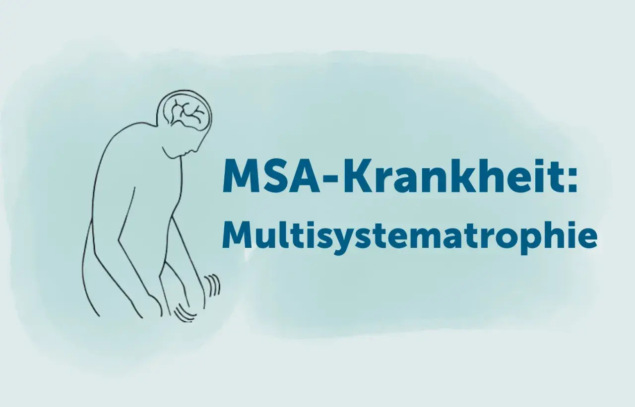 Stilisierte Darstellung eines Menschen mit zitternden Händen, der die MSA-Krankheit (Multisystematrophie) im Endstadium symbolisiert.