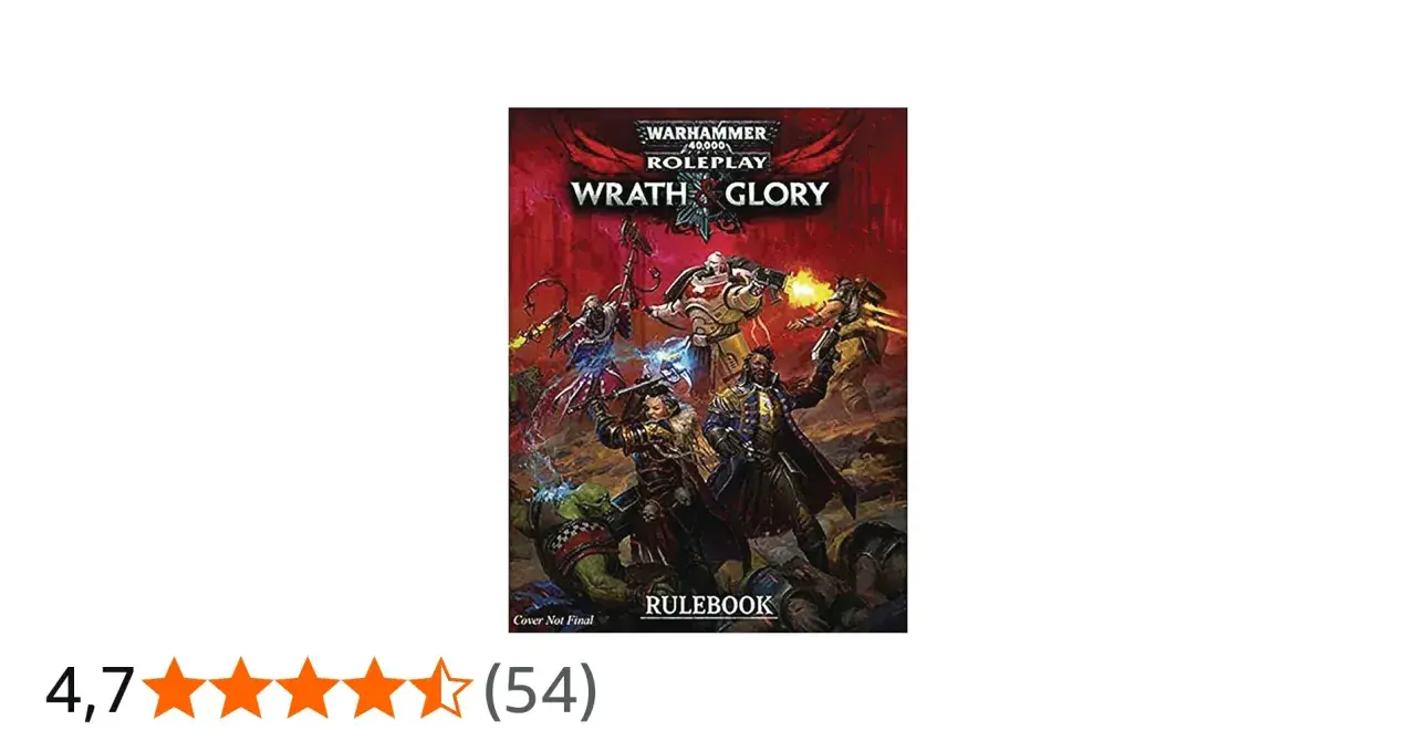 Okładka Warhammer 40,000 Roleplay: Wrath & Glory. Bohaterowie walczą z potworami, w tym z demonette.