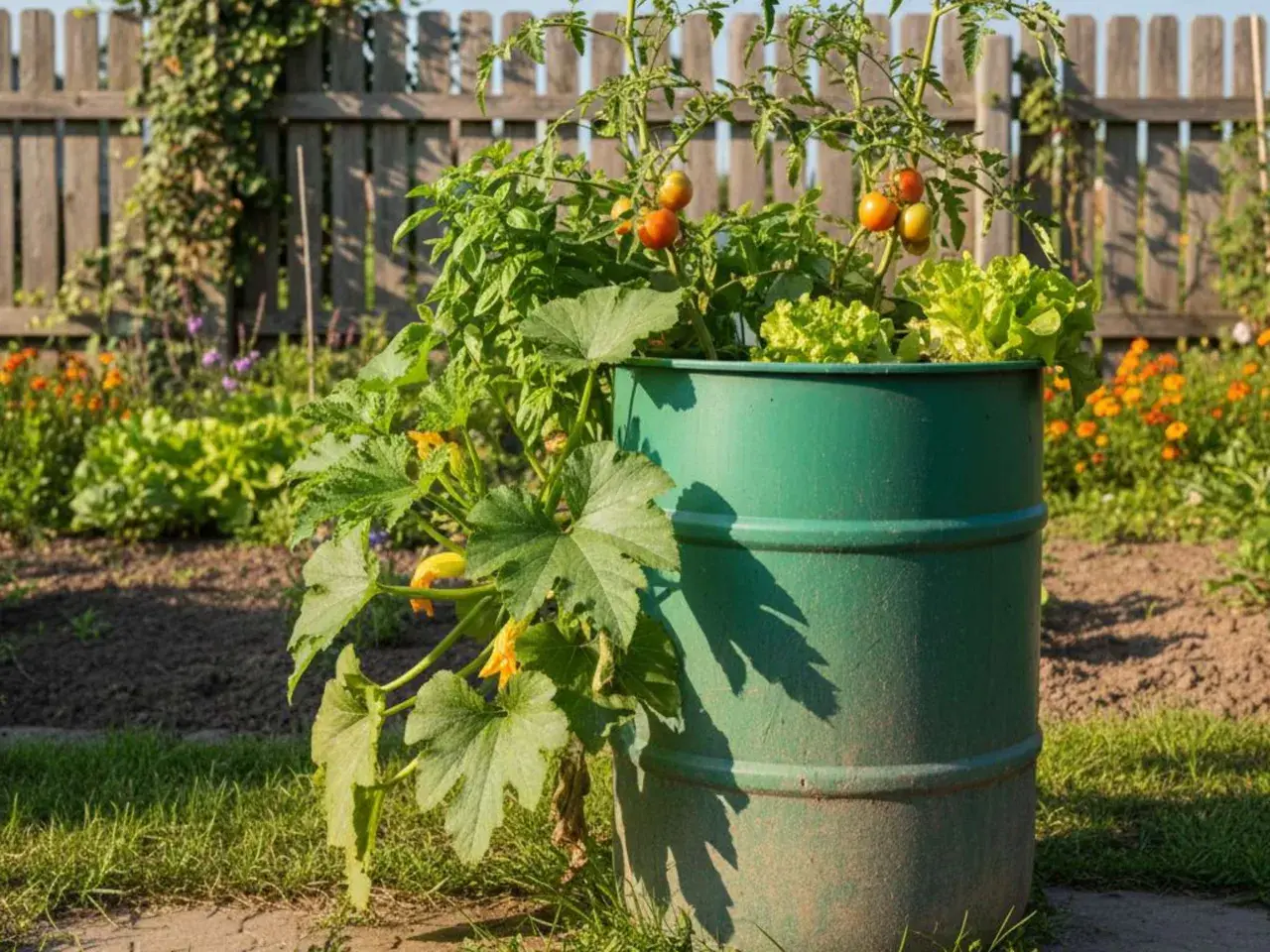Grüne Regentonne als Upcycling-Gefäß für Tomaten, Salat und Zucchini im sonnigen Garten.