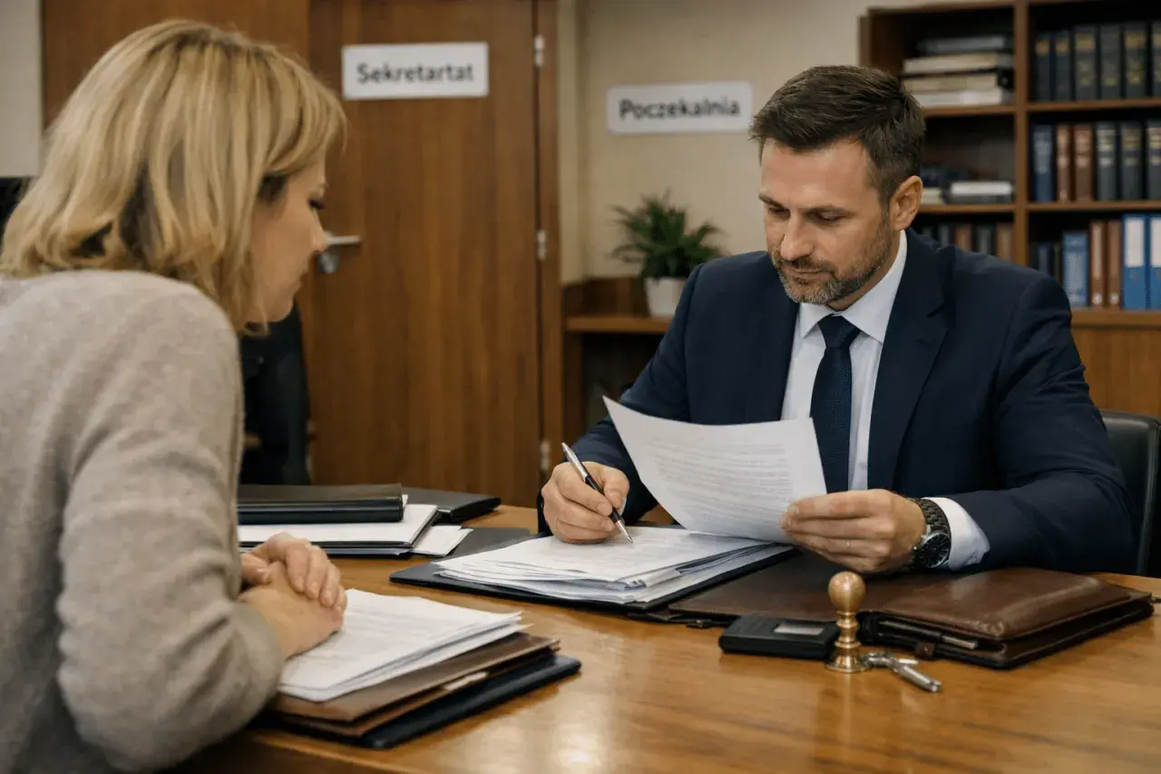 Mężczyzna w garniturze wyjaśnia kobiecie, ile kosztuje poświadczenie dziedziczenia u notariusza.