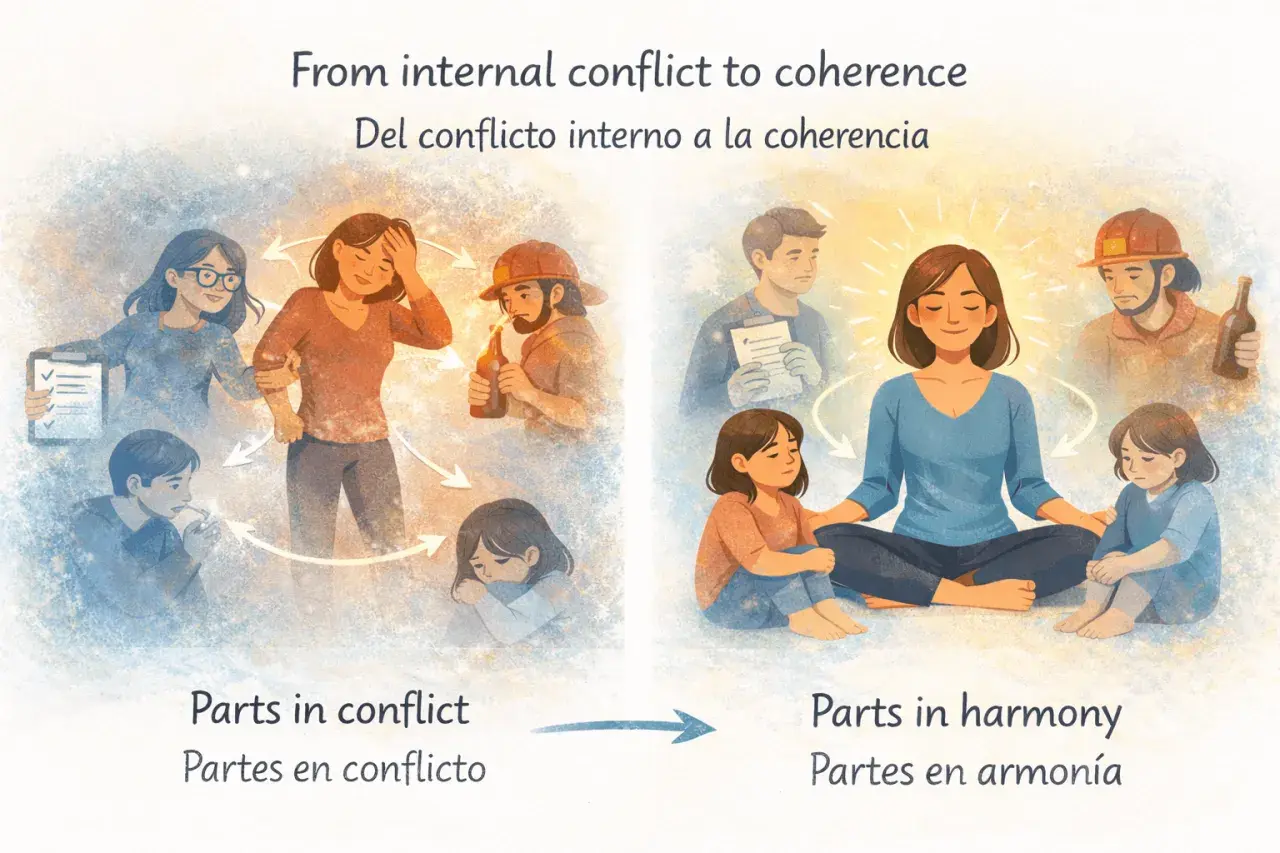 Illustration shows a woman in conflict with various "parts" of herself, then finding peace through IFS coaching, leading to harmony.