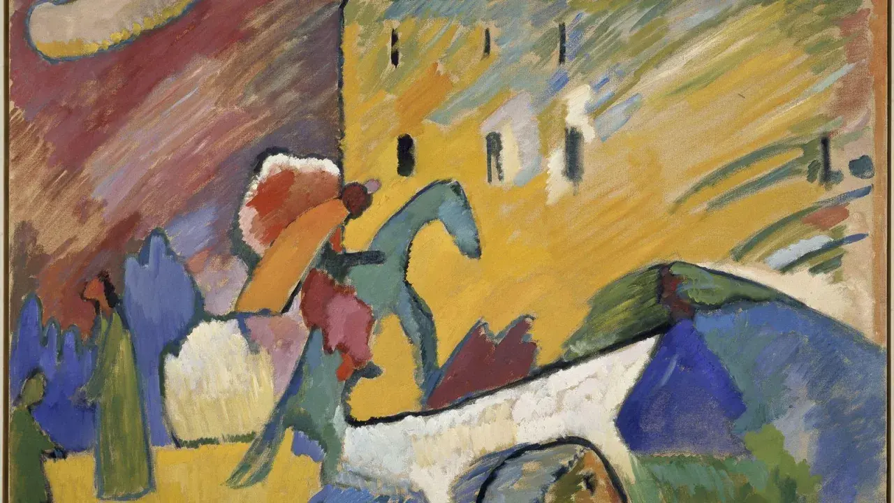 Pintura con círculo de Kandinsky, vibrante y abstracta, evoca un paisaje con figuras y formas geométricas en movimiento.