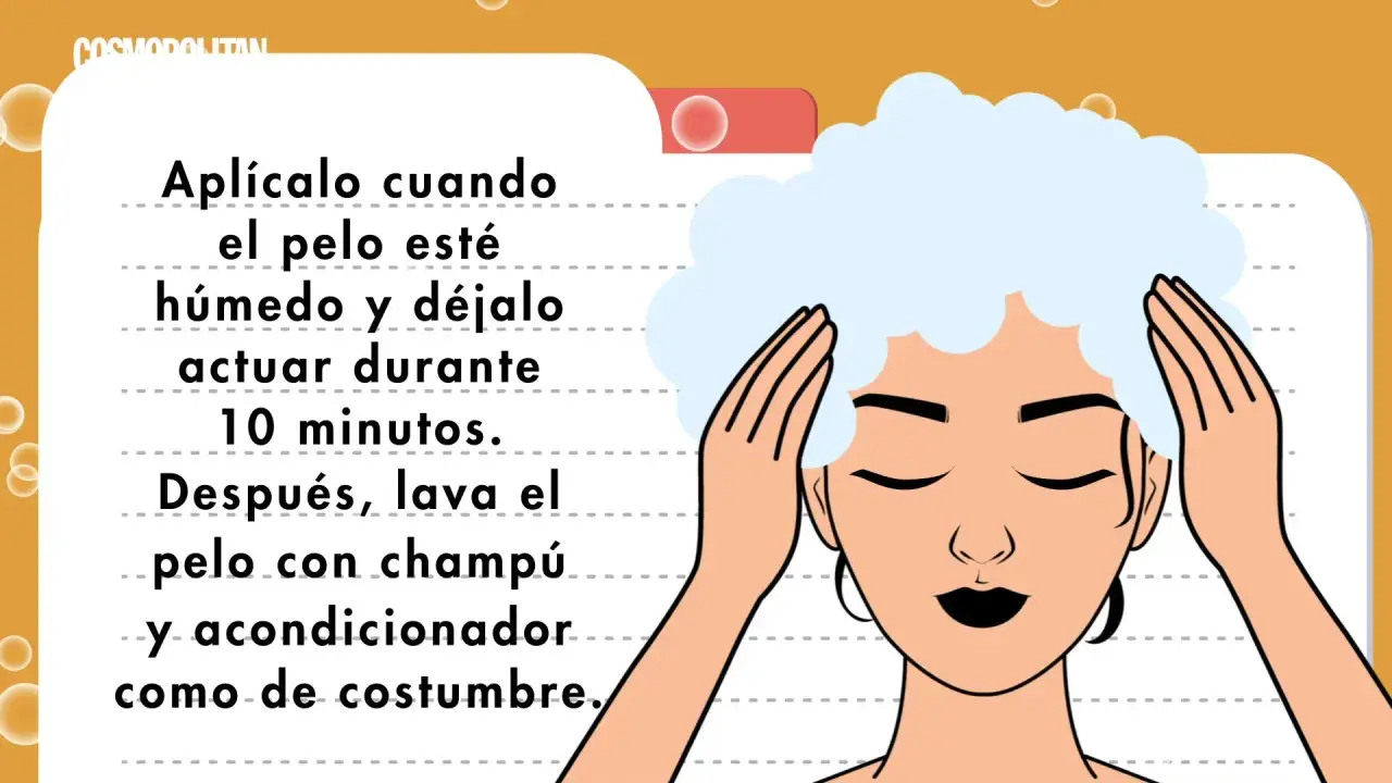 Ilustración de una mujer con pelo rizado y espuma, con instrucciones sobre cómo hacer que el pelo crezca rápido.