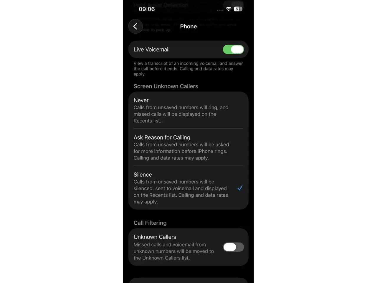 Configuración del teléfono para filtrar llamadas no deseadas y llamadas spam.