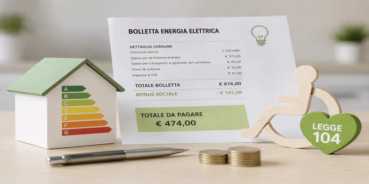 Simbolo casa con classe energetica, bolletta elettrica e figura su sedia a rotelle con cuore "Legge 104". Utile per agevolazioni legge 104 utenze domestiche.