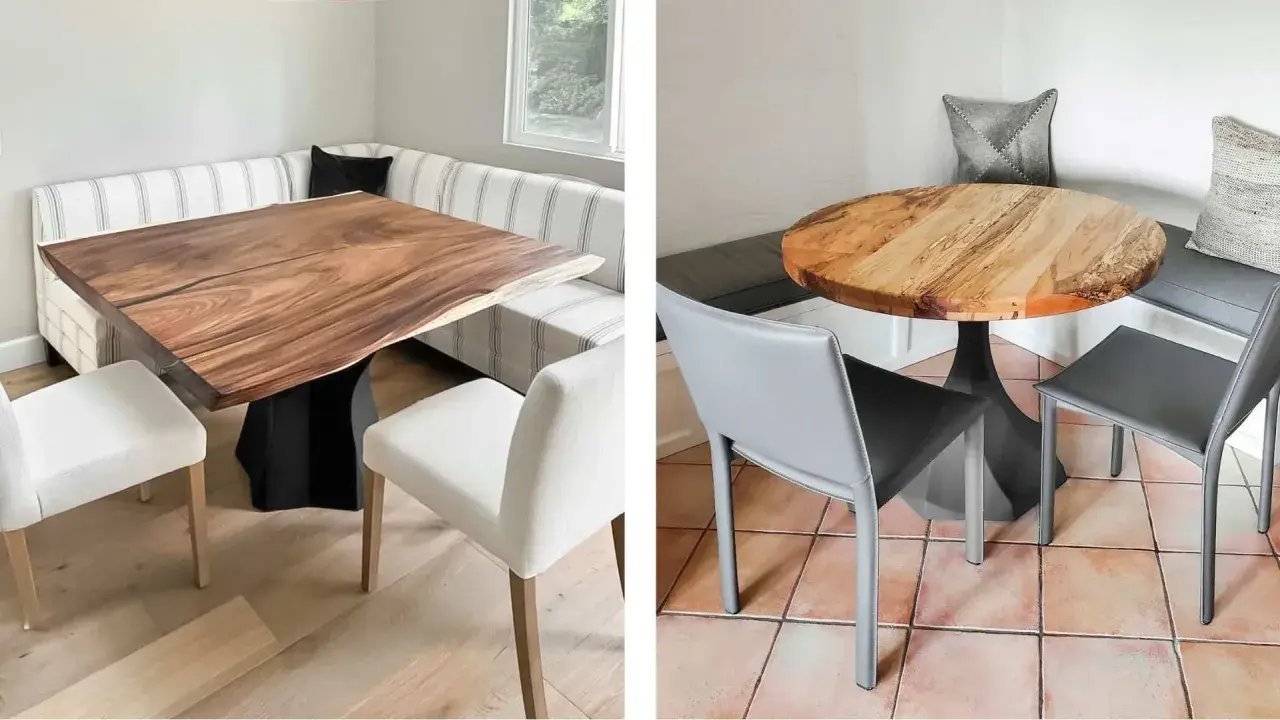 Two breakfast table settings. Left: live-edge wood table with striped banquette. Right: round wood table with gray chairs.