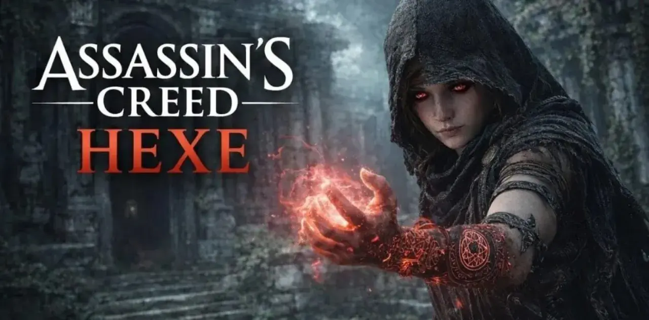 Postać z gry Assassin's Creed Hexe z płonącymi rękami i mrocznym kapturem.