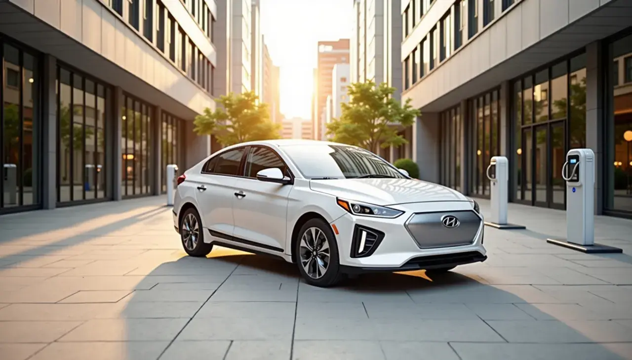 Biały Hyundai Ioniq 5, samochód elektryczny od Hyundai Motor Company, zaparkowany przy ładowarkach w miejskim otoczeniu.