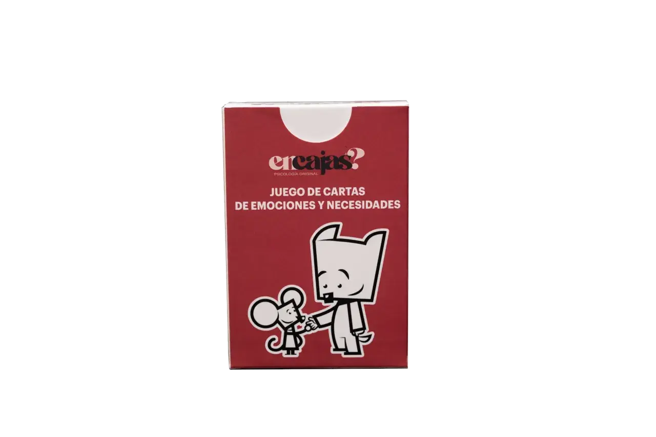 Caja de juego de cartas "Encajas?" con ilustraciones de un ratón y un perro. Explora cartas de emociones y necesidades para entenderte mejor.