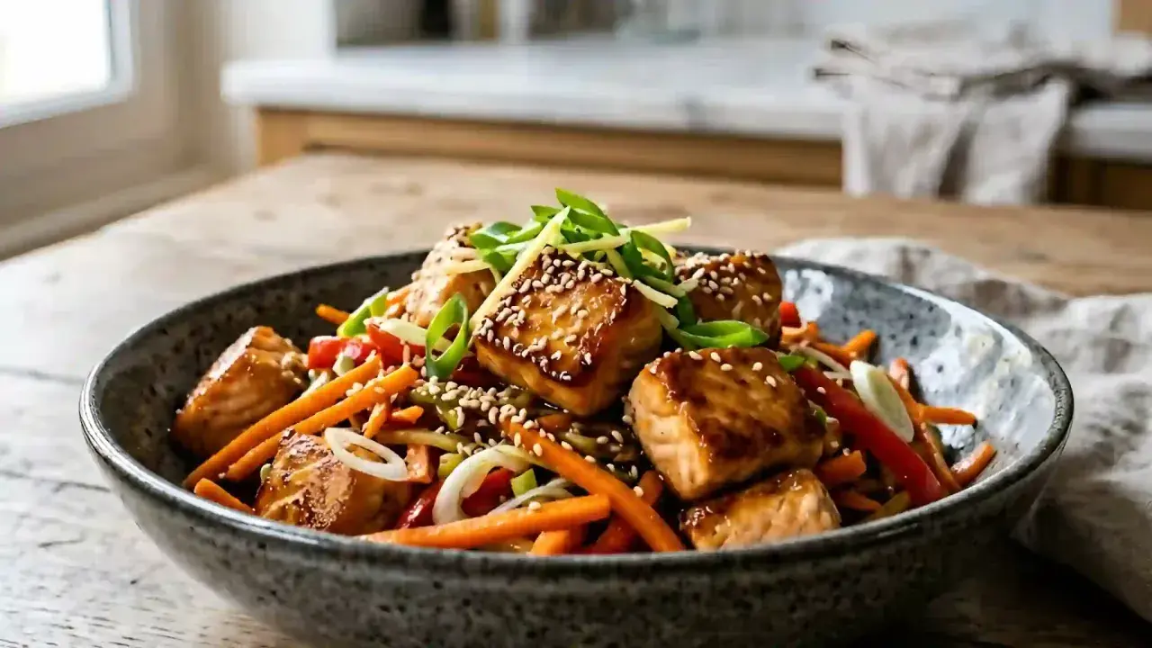 Délicieux wok de poisson aux légumes croquants et graines de sésame, garni de ciboule fraîche. Un plat savoureux et coloré.