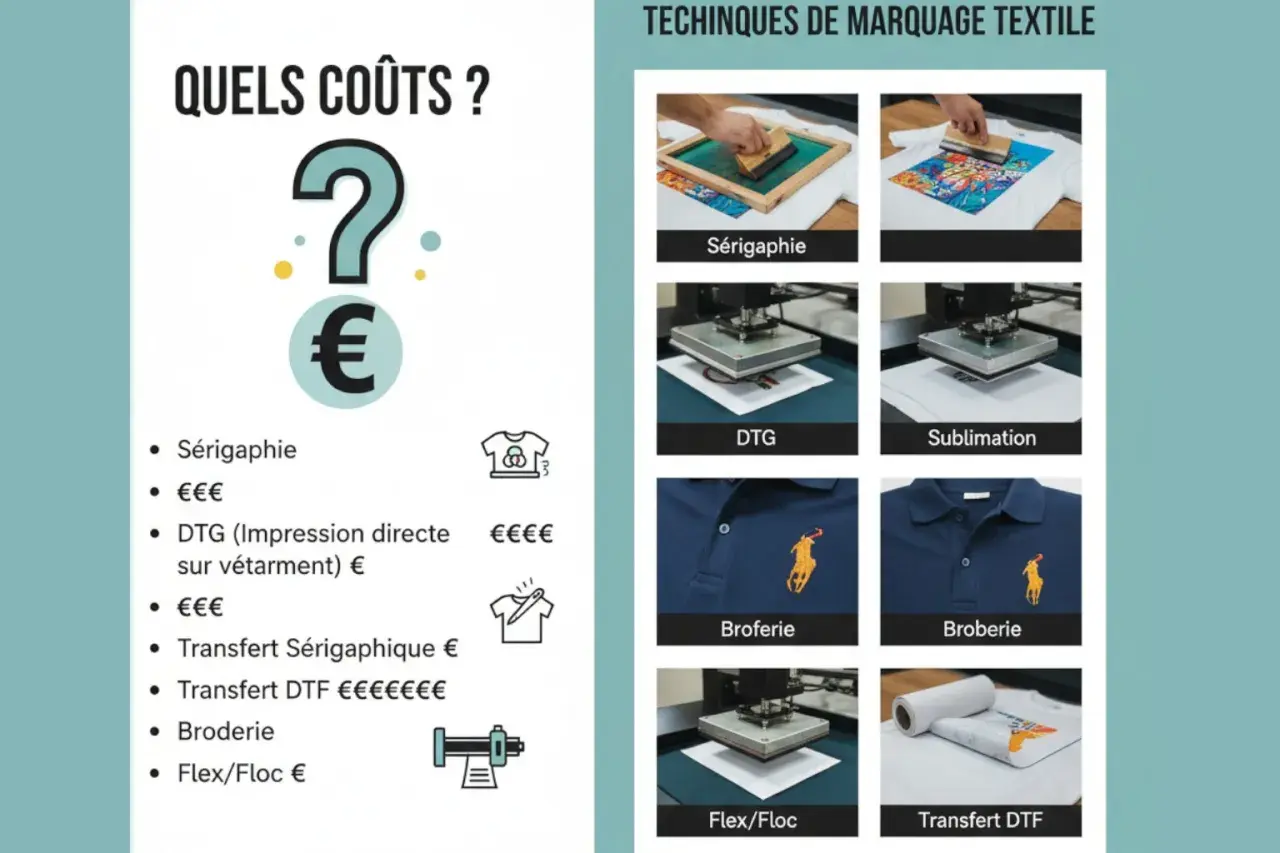 Comparatif des coûts des techniques de marquage textile : sérigraphie, DTG (impression directe sur vêtement), sublimation, transfert, broderie et flex/floc.