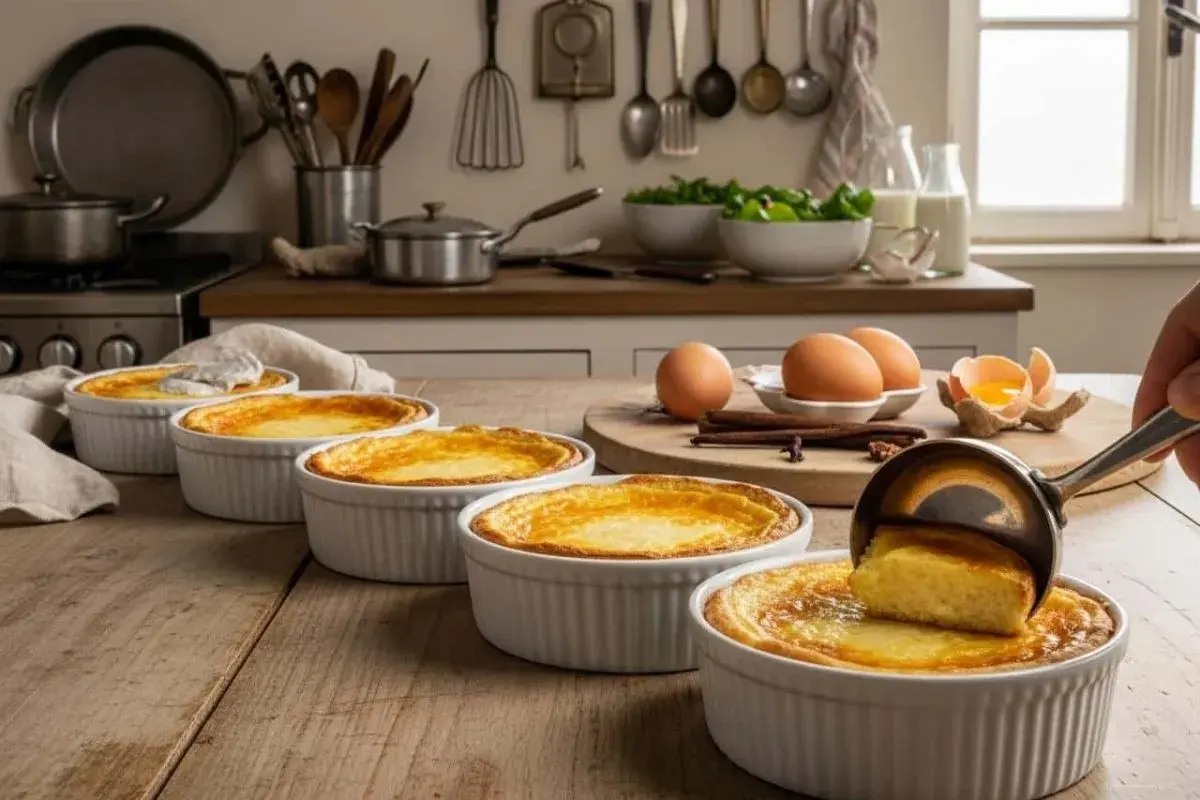 Une louche sert une portion dorée d'oeufs au lait dans un ramequin blanc. Des œufs et de la cannelle sont sur la table.