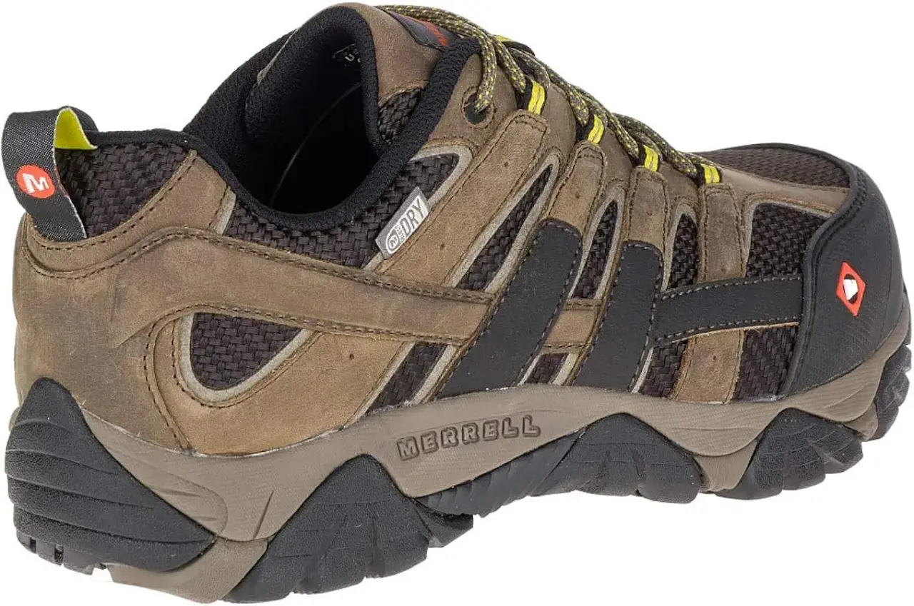 Brown Merrell Moab Vent hiking shoe with yellow laces and a "M-Dry" logo. Ready for any adventure!