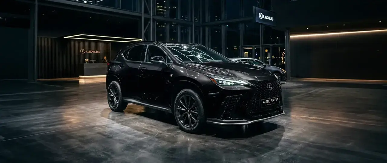 Elegancki, czarny Lexus 350h prezentowany w nowoczesnym salonie.