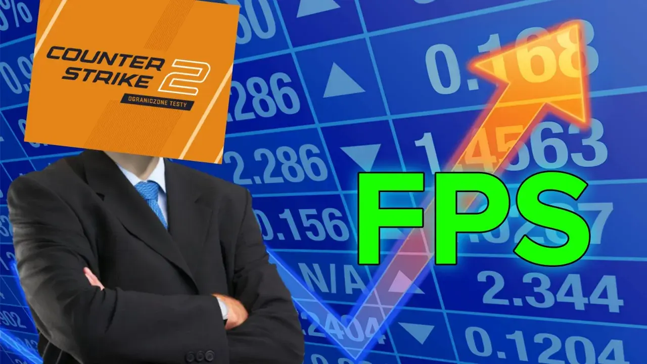 Człowiek w garniturze z logo Counter-Strike 2 zamiast głowy, na tle wykresu giełdowego z napisem FPS.