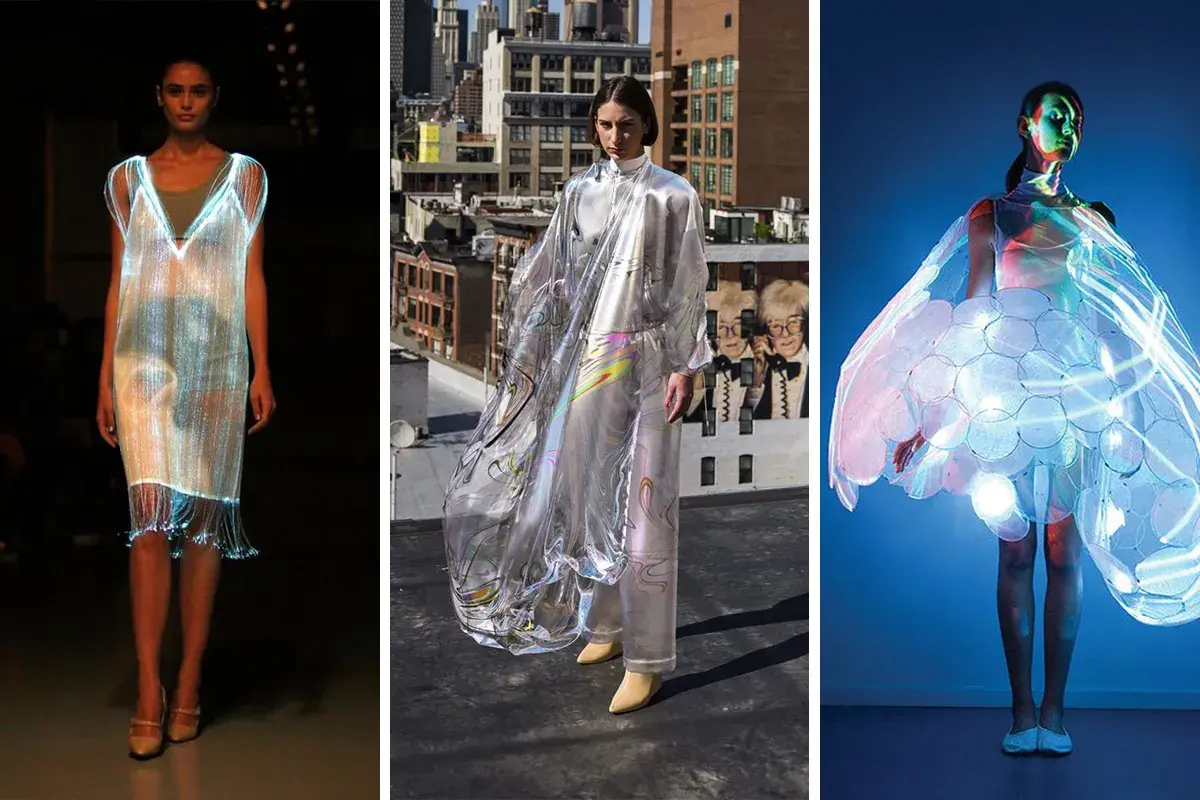 Leuchtende Stoffe und futuristische Schnitte: Drei Modelle präsentieren innovative Kleidung in der Zukunft, die mit Lichteffekten spielt.