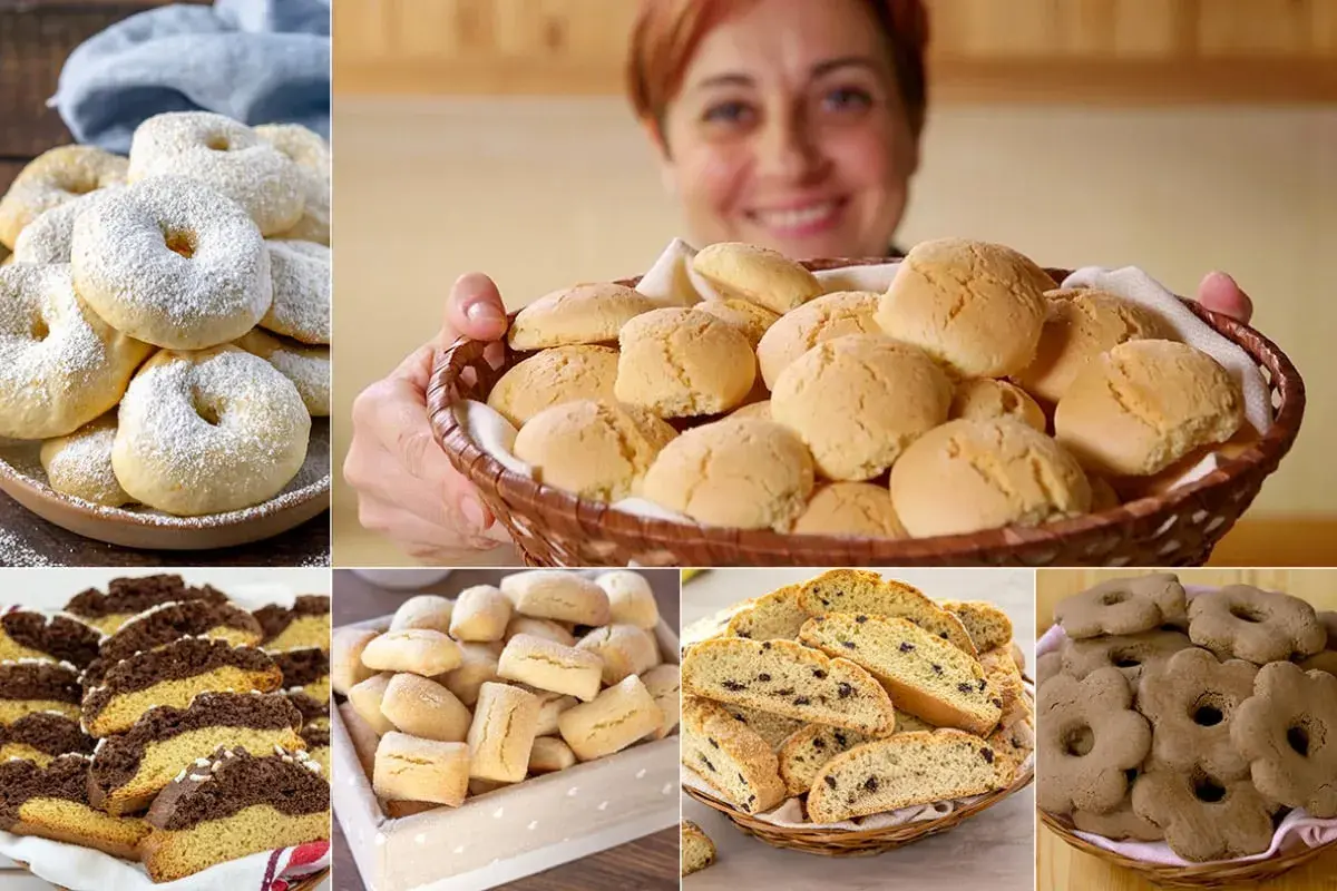 Varietà di biscotti da inzuppo: ciambelline zuccherate, palline dorate, biscotti a forma di fiore e fette con gocce di cioccolato.
