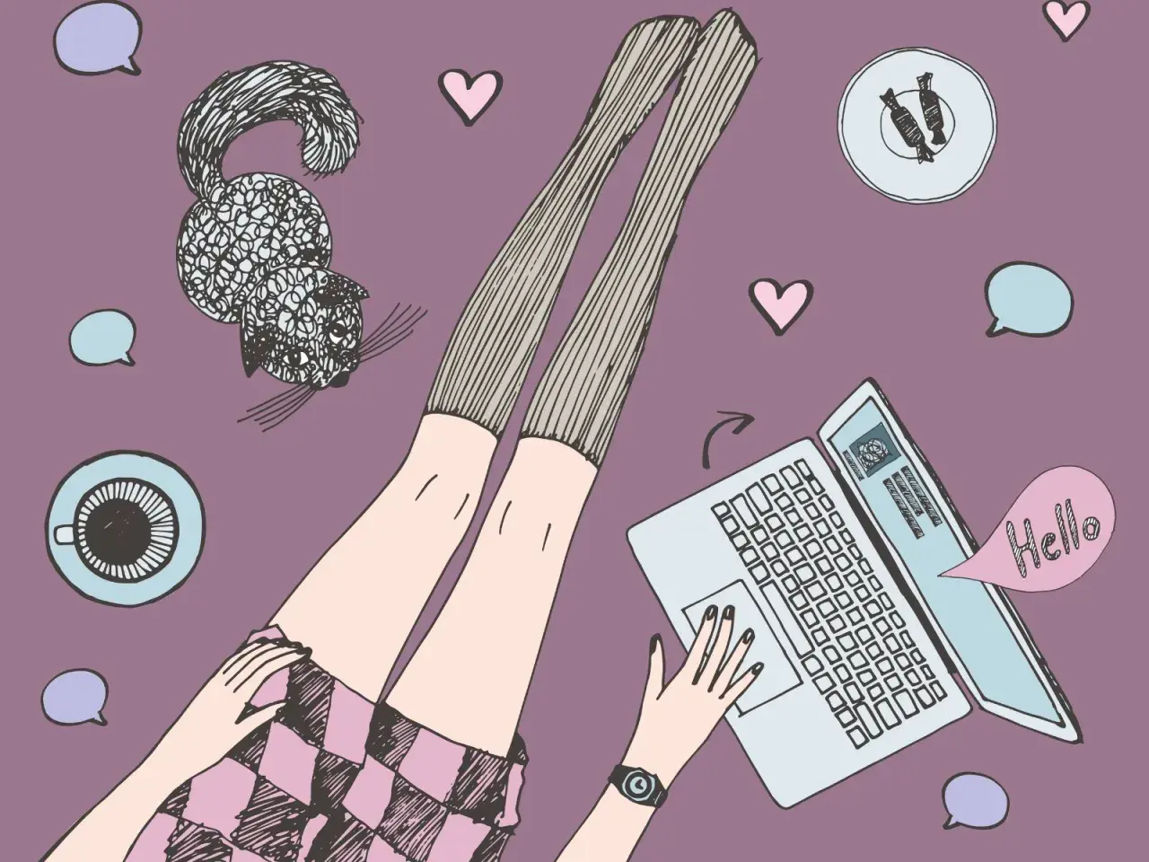 Gambe lunghe, un gatto, caffè e un laptop aperto con un fumetto "Hello". Un'immagine che evoca la sensazione di una relazione a distanza.
