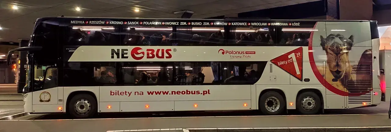 Autobus Neobus z wizerunkiem wielbłąda i napisem "bilety na www.neobus.pl".