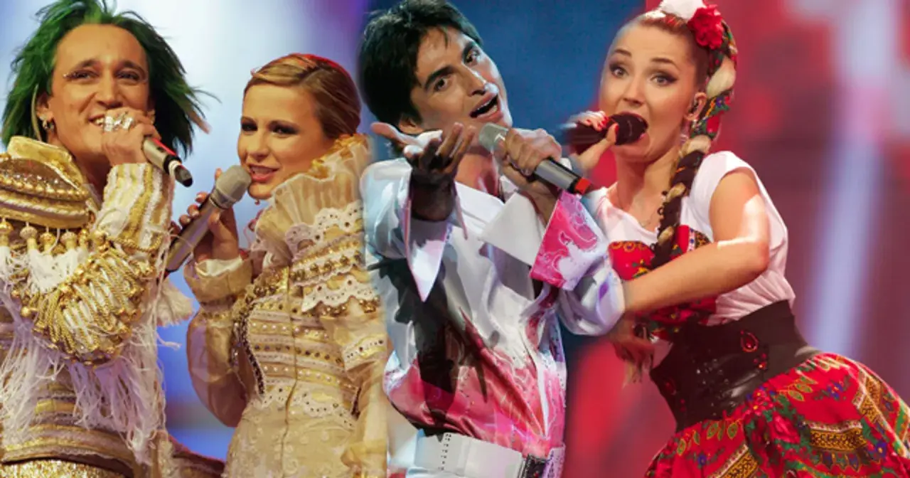 Czterech artystów w barwnych strojach, w tym w ludowym, kto reprezentował Polskę na Eurowizji.