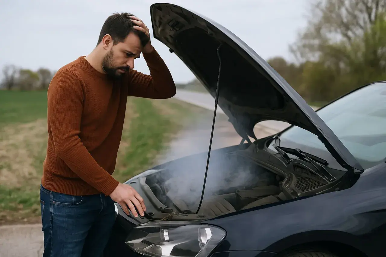 Uomo disperato guarda il fumo uscire dal cofano aperto della sua auto, con il motore fuso.