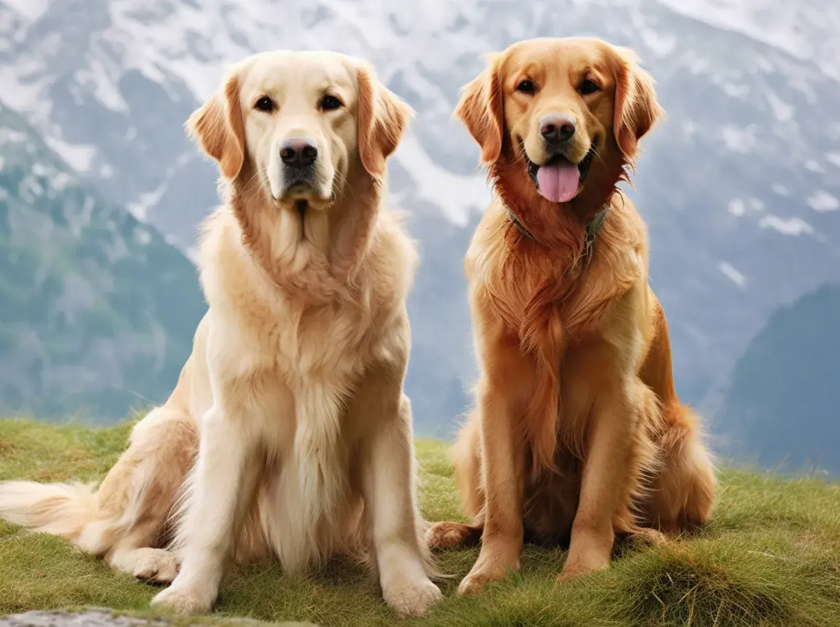 Dwa urocze golden retrievery amerykańskie siedzą na trawie, zapatrzone w dal.