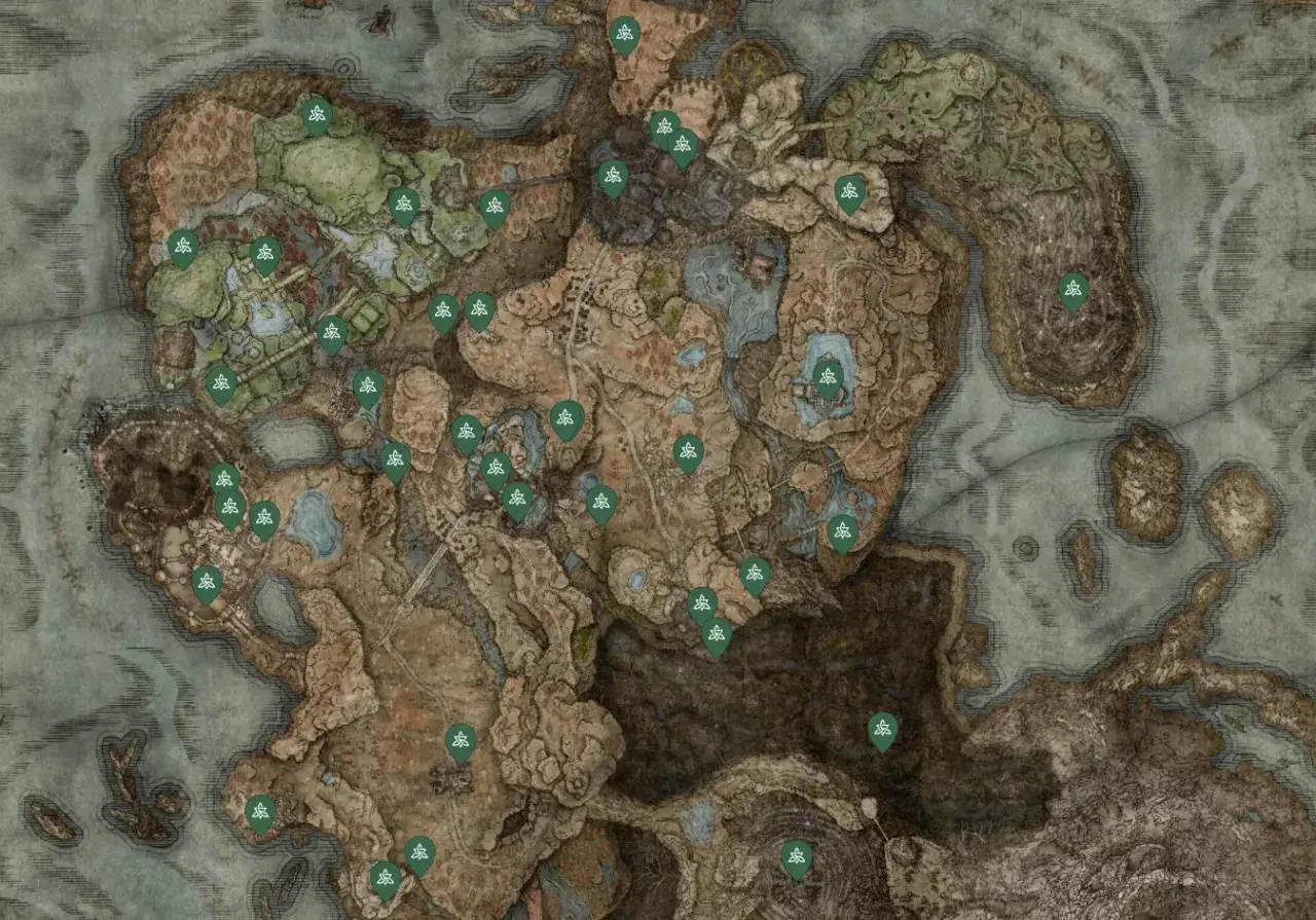 Mapa z zaznaczonymi lokacjami, gdzie można znaleźć legendarne talizmany Elden Ring.