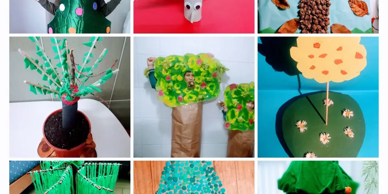 Celebración del día de los árboles con manualidades: disfraces de árbol, un árbol en maceta y un árbol de papel.