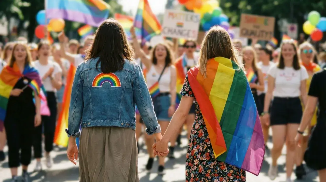 Dwie kobiety trzymają się za ręce na marszu równości, otoczone tęczowymi flagami. Ich związki partnerskie są symbolem dumy i akceptacji.