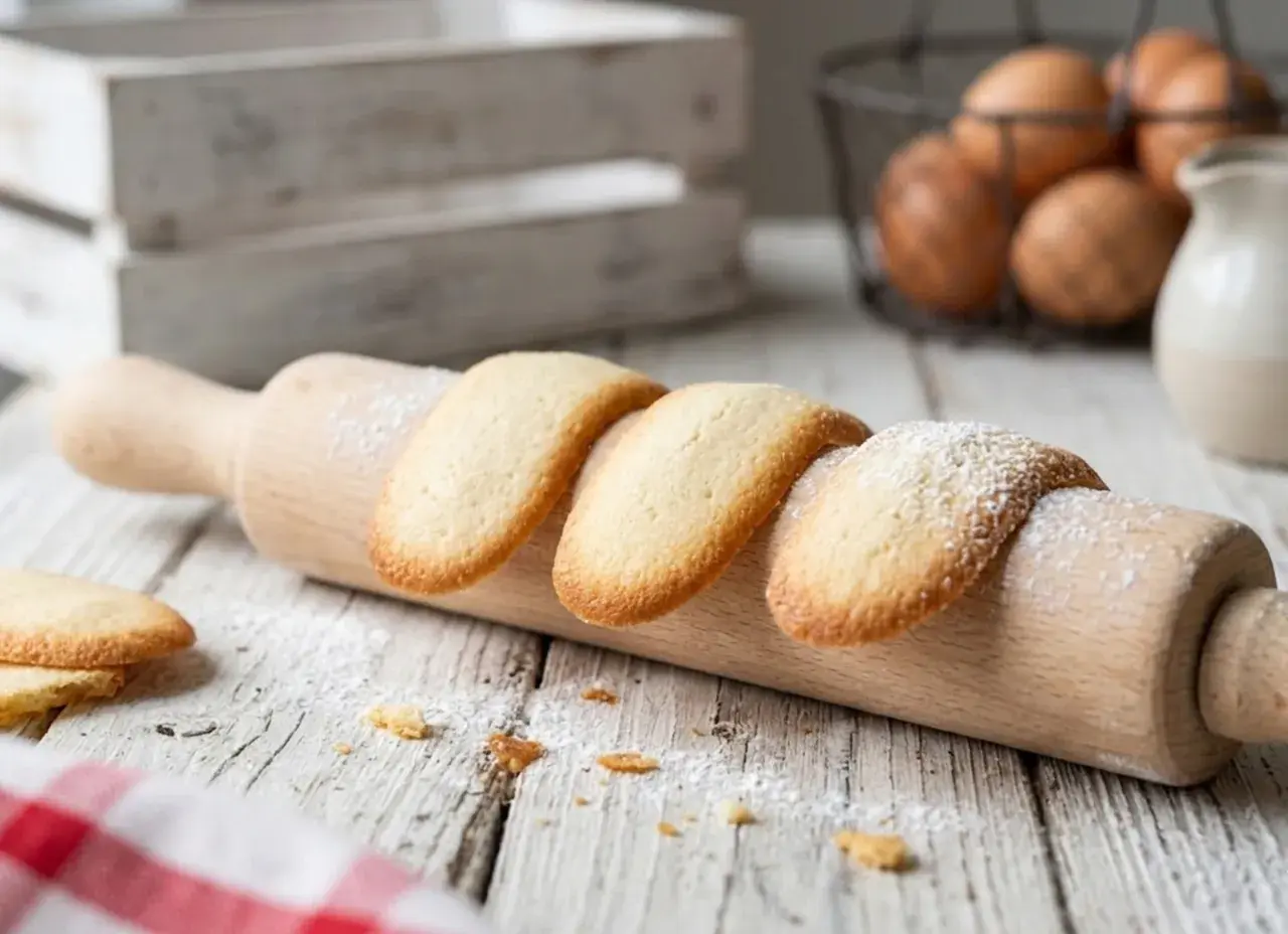 Biscotti lingue di gatto, dorati e spolverati di zucchero a velo, adagiati su un mattarello in legno.