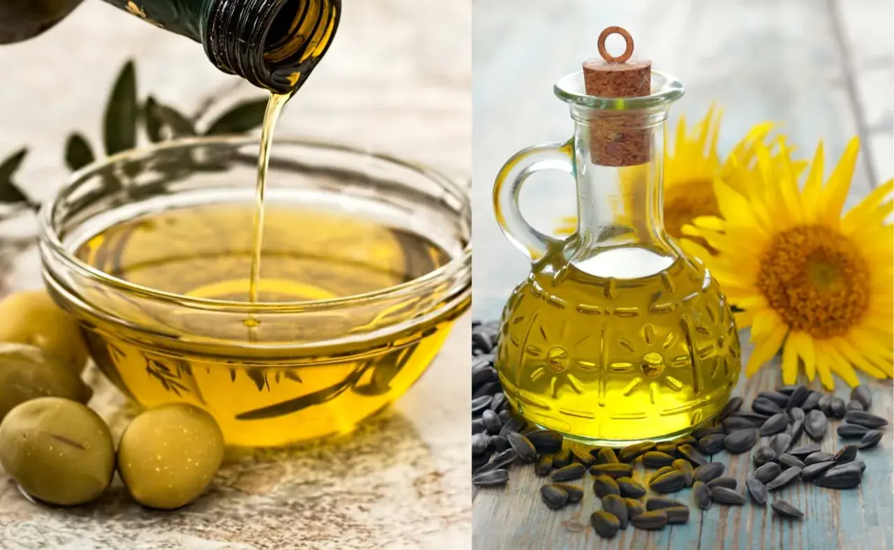 Aceite de oliva vertiéndose en un bol y aceite de girasol en una botella con girasoles. El mejor aceite de oliva para cocinar es un tesoro culinario.