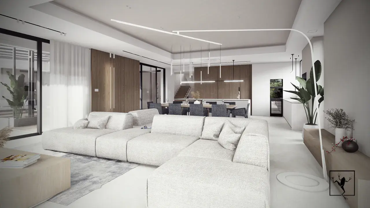 Nowoczesny salon z jadalnią, jasne meble, drewniane akcenty, designerskie oświetlenie.