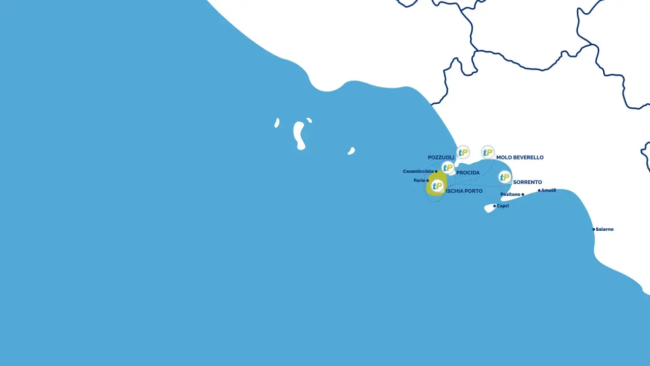 Mappa che illustra come arrivare a Ischia da Napoli (Molo Beverello, Pozzuoli) e altre località come Procida, Sorrento, Amalfi e Salerno.