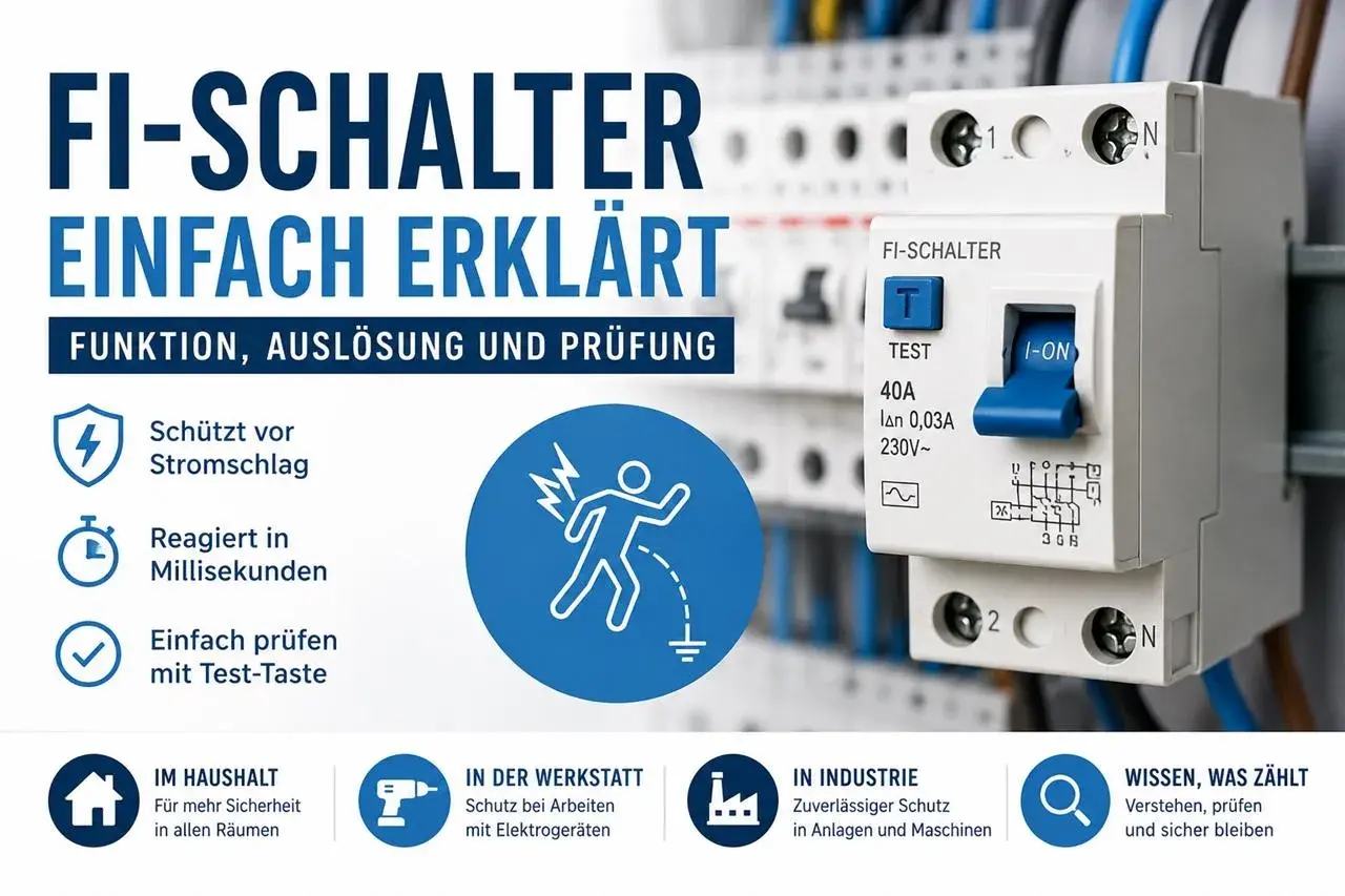 FI-Schalter erklärt: Schutz vor Stromschlag, schnelle Reaktion, einfache Prüfung der rcd Funktion. Für Haus, Werkstatt und Industrie.