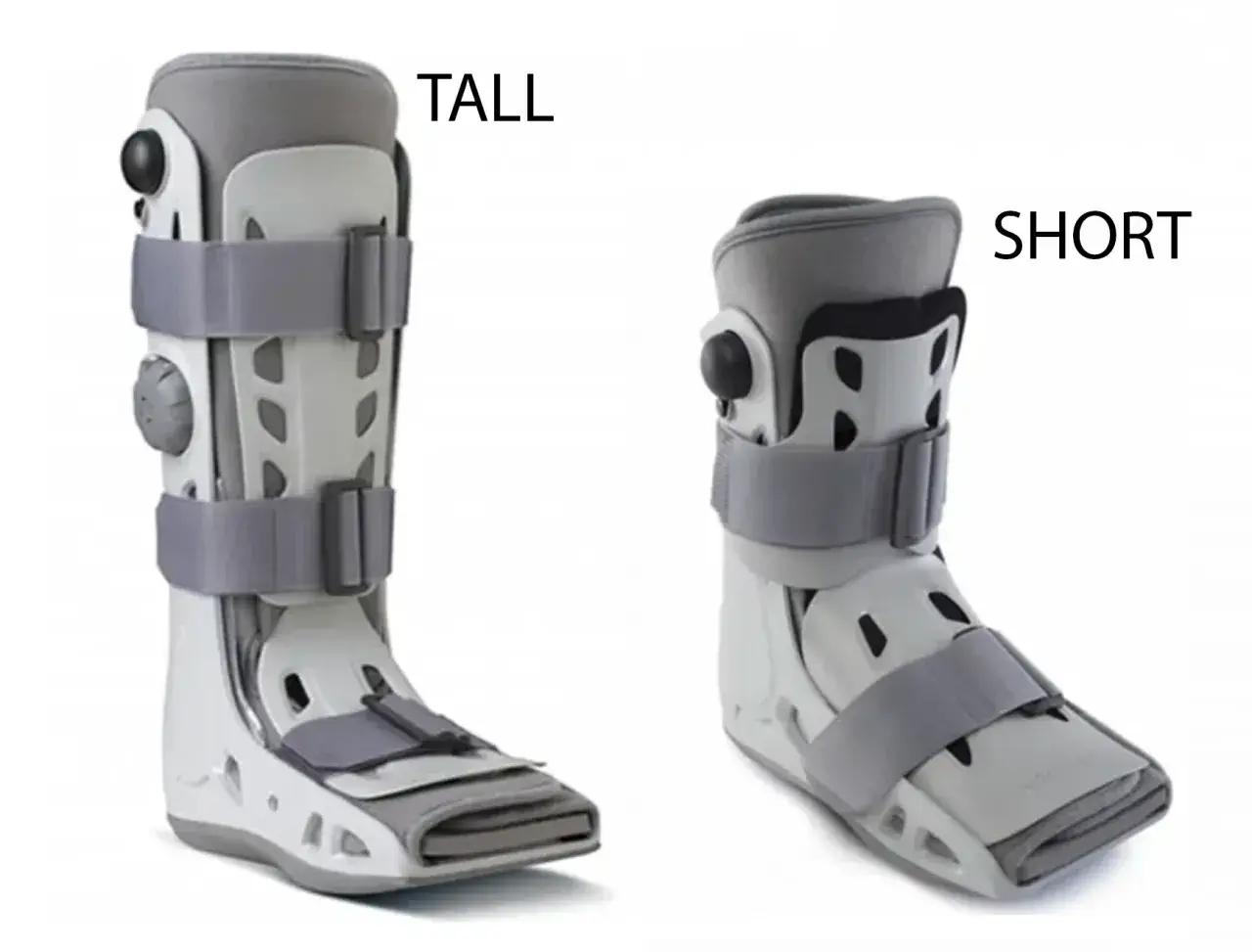 Tall and short walking boots are shown. Choosing the right size walking boot depends on your injury and needs.