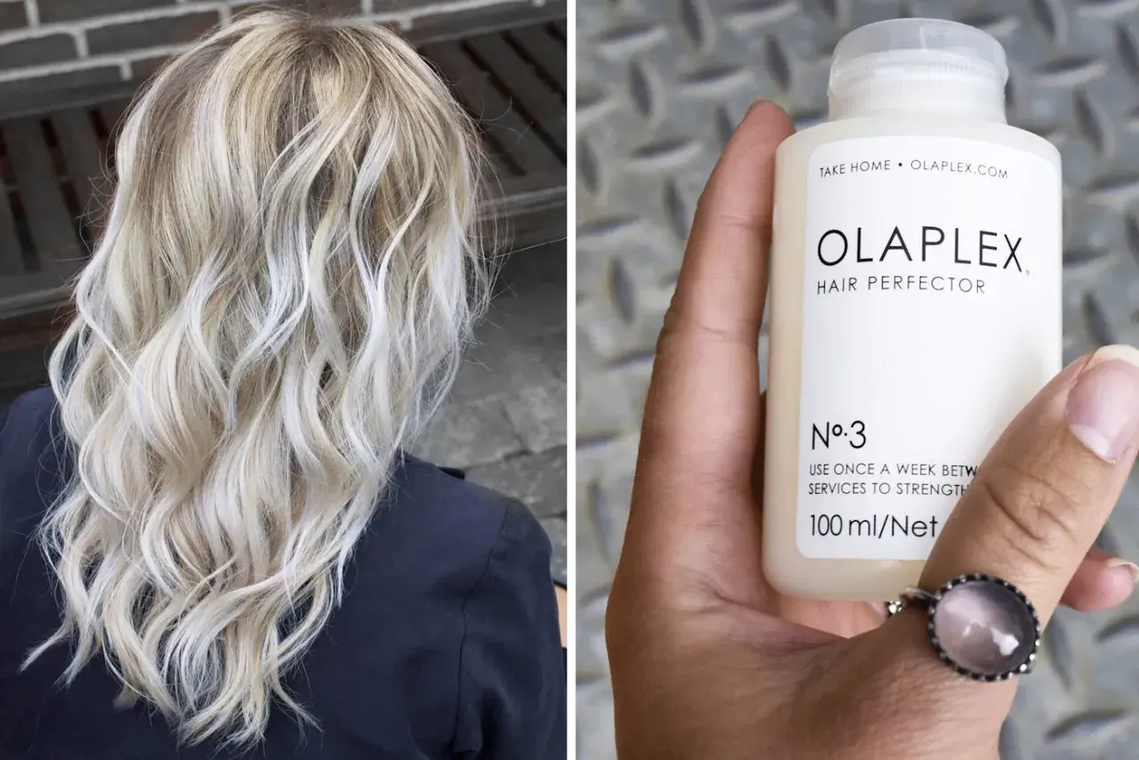 Blont, vågigt hår och en flaska Olaplex No. 3. Vissa upplever biverkningar av Olaplex, men många älskar resultatet.