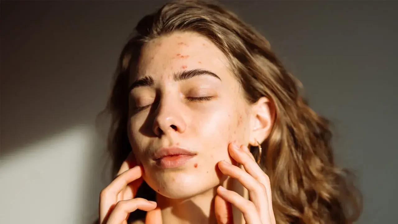Ragazza con brufoli che si gode la luce del sole, sperando che il sole faccia bene ai brufoli.