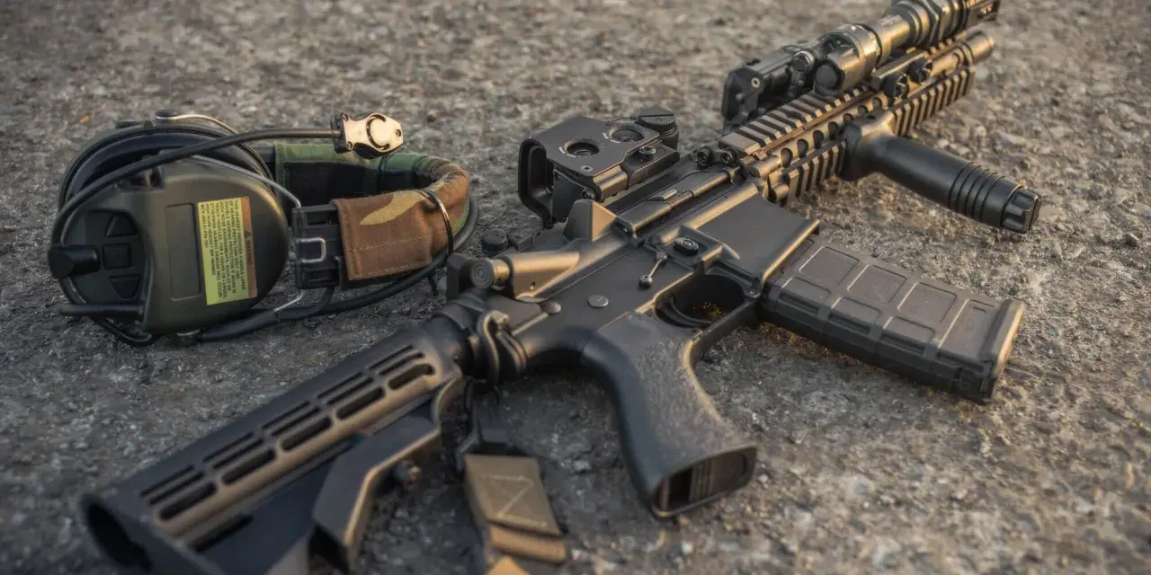 Karabin AR-15 z magazynkiem i słuchawkami ochronnymi. Dowiedz się, jak najłatwiej dostać pozwolenie na broń.