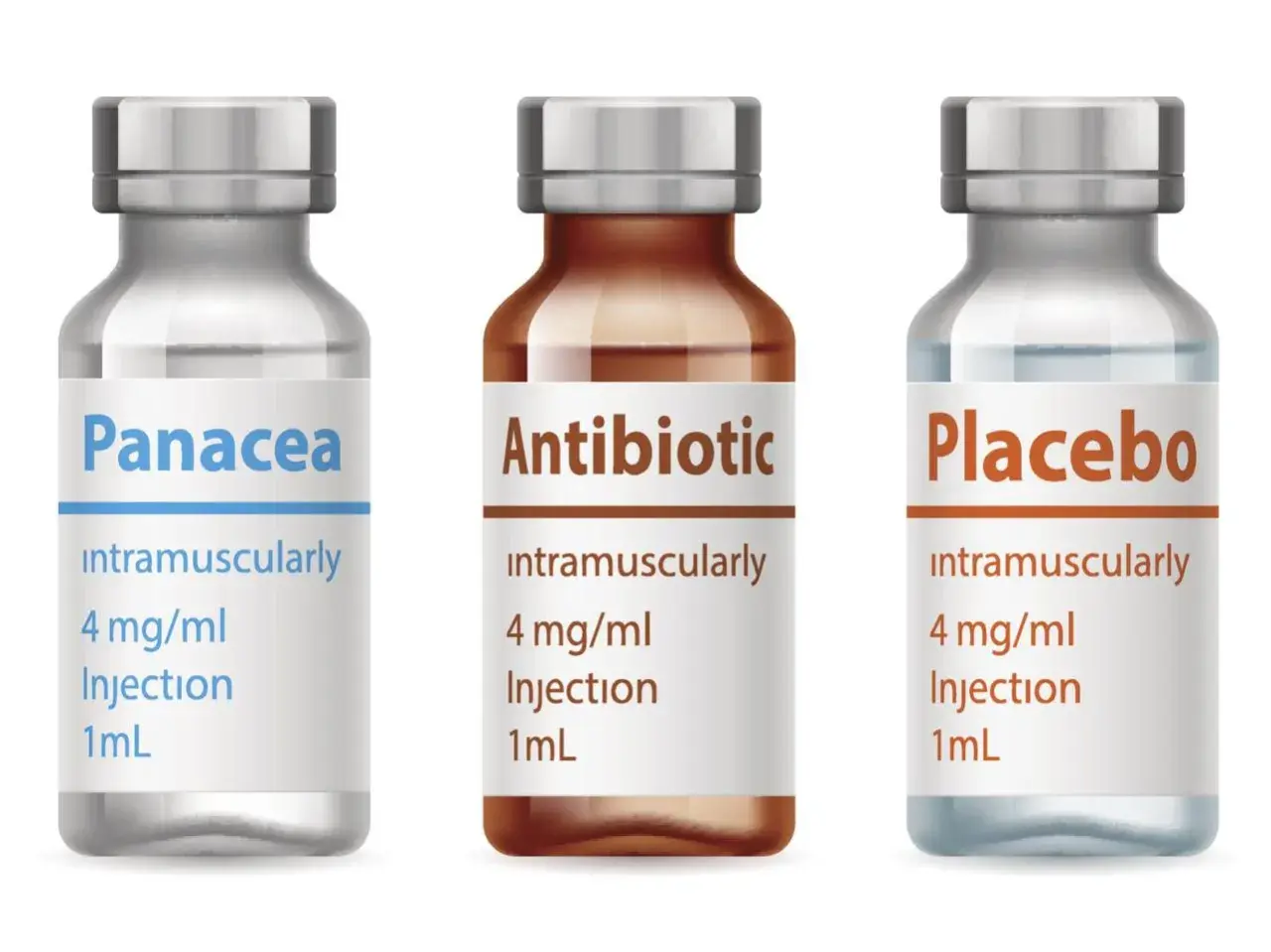 Trzy fiolki z lekami: "Panacea", "Antibiotic" i "Placebo". Zespół muzyczny Placebo mógłby nagrać piosenkę o tych lekach.