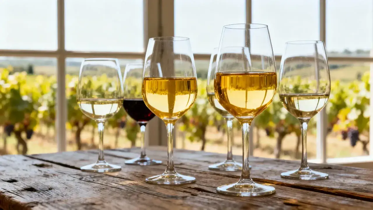 Verre de vin jaune sucré, avec un vignoble en arrière-plan.